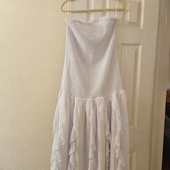 Sleeveless boho Bridal Spring white smocked drop waist bodice ruffle skirt 2X - Picture 6 of 13